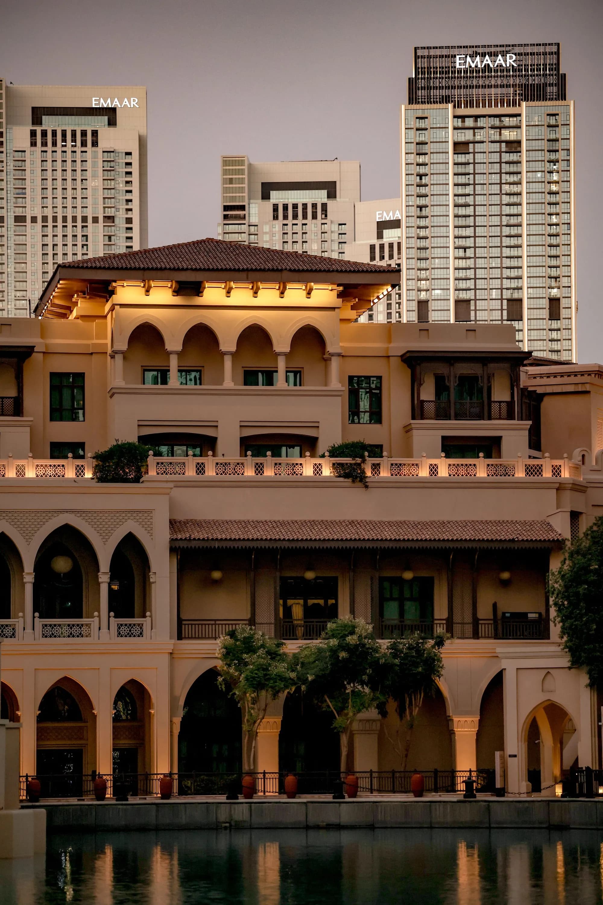 Traditional and contemporary Dubai architecture at twilight